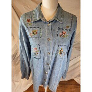 Vintage Capacity Embroidered Floral Denim Long Sleeve Shirt Size XL?‎